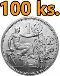 100 kusů stříbrných mincí 10 Kč. 1930 - 1932 - 1000 g.
