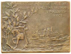 Bronzová plaketa Východočeská průmyslová, zemědělská, národopisná a umělecká výstava v Pardubicích 1903 - 53 mm. x 40 mm.