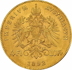 4 zlatník / 10 frank 1892 (3,22 g./Zlato 900/1000)