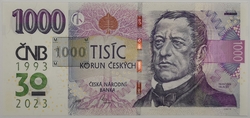 1000 Kč vzor 2008 s přítiskem 30. výročí ČNB a české měny série R72 - kopie