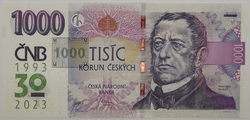 1000 Kč vzor 2008 s přítiskem 30. výročí ČNB a české měny série R65 