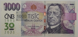 1000 Kč vzor 2008 s přítiskem 30. výročí ČNB a české měny série R59