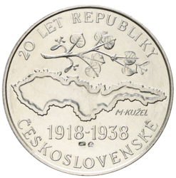 Stříbrná medaile 20 let republiky a X.všesokolský slet 1938 - Kužel 1938 - 35 mm.