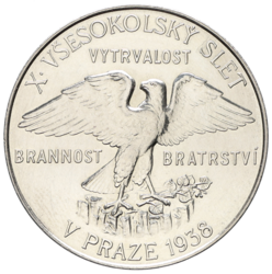 Stříbrná medaile 20 let republiky a X.všesokolský slet - Kužel 1938 - 35 mm.