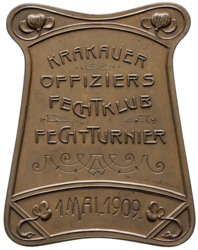 Bronzová plaketa/ medaile Krakauer offiziers fechtklub 1909 - 57 mm. x 45 mm.