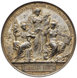 Postříbřená bronzová medaile Průmyslová a zemědělská výstava v Terstu 1882, 60,5 mm.