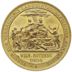 Zlacená bronzová medaile Zemědělská výstava ve Vídni 1894, 65 mm.