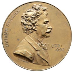 Bronzová medaile na 50 let umělecké činnosti Johann Strauss, 60 mm.