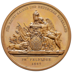 Bronzová medaile Na paměť padlých ve válce s Dánskem 1864, 70 mm. - etue