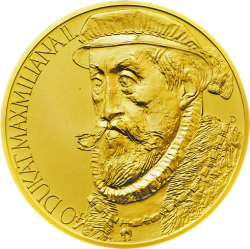 Zlatá medaile 40. dukát Maximiliána II. Číslovaná emise - vyražení číslo 1 na hraně medaile