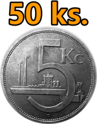 50 kusů stříbrných mincí 5 Kč. 1928 - 1932 - 350 g.