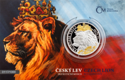 Stříbrná uncová investiční mince Český lev 2021 selektivní pokovení Au. číslováno (31,1 g./Stříbro 999/1000)