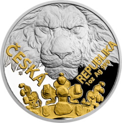 Stříbrná uncová investiční mince Český lev 2023 selektivní pokovení Au. číslováno (31,1 g./Stříbro 999/1000)