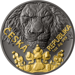 Stříbrná uncová investiční mince Český lev 2023 černá platina selektivní pokovení Au. (31,1 g./Stříbro 999/1000)