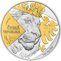 Stříbrná uncová investiční mince Český lev 2024 selektivní pokovení Au. číslováno (31,1 g./Stříbro 999/1000)