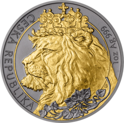 Stříbrná uncová investiční mince Český lev 2021 ruthenium selektivní pokovení Au. (31,1 g./Stříbro 999/1000)