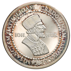 Stříbrná medaile Mistr Jan Hus - 35 mm., etue 