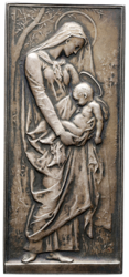 Stříbrná plaketa Panna Marie s dítětem 1899 - 66 mm. x 29 mm., původní etue