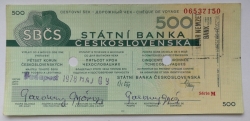 Cestovní šek - Statní banka Československá 500 kčs.