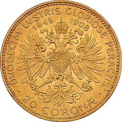 20 koruna 1908 - pamětní na 60 let vlády