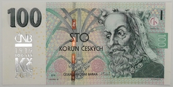100 Kč vzor 2018 s přítiskem 100. výročí měnové odluky 