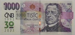 1000 Kč vzor 2008 s přítiskem 30. výročí ČNB a české měny série R94 