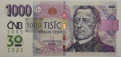 1000 Kč vzor 2008 s přítiskem 30. výročí ČNB a české měny série R72