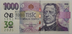 1000 Kč vzor 2008 s přítiskem 30. výročí ČNB a české měny série R66