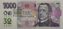 1000 Kč vzor 2008 s přítiskem 30. výročí ČNB a české měny série R66