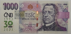 1000 Kč vzor 2008 s přítiskem 30. výročí ČNB a české měny série R65