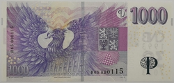 1000 Kč vzor 2008 s přítiskem 30. výročí ČNB a české měny série R65