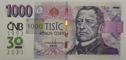 1000 Kč vzor 2008 s přítiskem 30. výročí ČNB a české měny série R65
