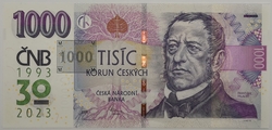 1000 Kč vzor 2008 s přítiskem 30. výročí ČNB a české měny série R39