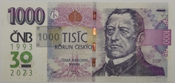 1000 Kč vzor 2008 s přítiskem 30. výročí ČNB a české měny série R33