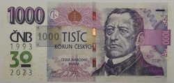 1000 Kč vzor 2008 s přítiskem 30. výročí ČNB a české měny série M07